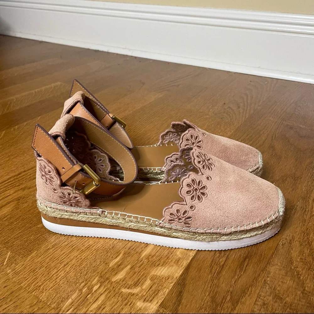 See by Chloe Pink Glyn Floral Laser Cut Espadrille Flat